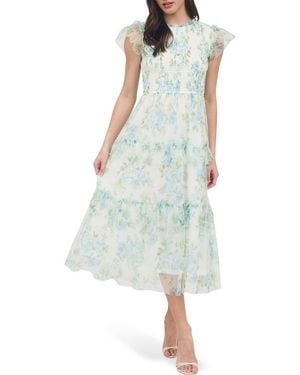 Blu Pepper Floral Smocked Tiered A-Line Dress - Blue