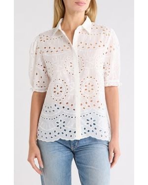 Forgotten Grace Short Sleeve Eyelet Button Front Shirt - White