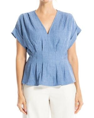 Max Studio Pleated V-Neck Woven Top - Blue