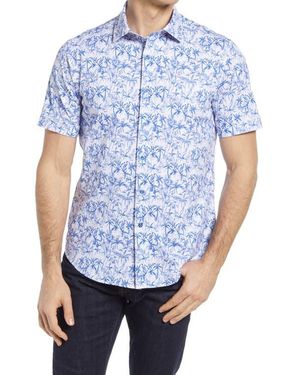 Bugatchi Ooohcotton Stretch Print Short Sleeve Button-Up Shirt - Blue
