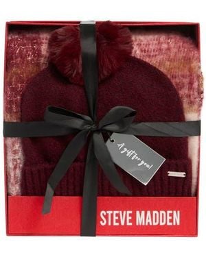 Steve Madden Plaid Tinsel Scarf & Beanie Gift Set - Red