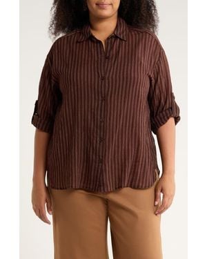 Max Studio Stripe Long Sleeve Button-Up Shirt - Brown