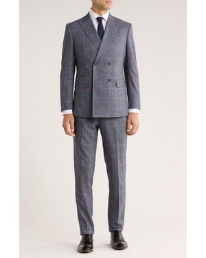 English Laundry Trim Fit Plaid Double Breasted Flat Front Suit - Blue