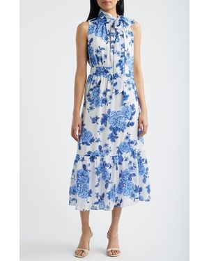 Anne Klein Floral Stripe Mock Neck Midi Dress - Blue