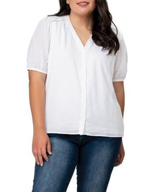 Gibsonlook Puff Sleeve Button Front Pin Dot Blouse - White