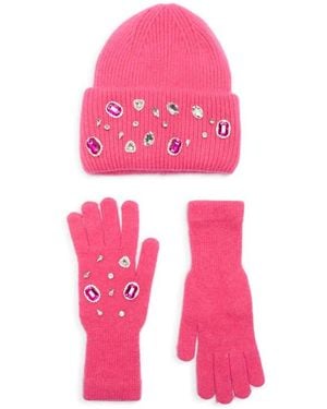 La Fiorentina Rhinestone Beanie & Gloves Set - Pink
