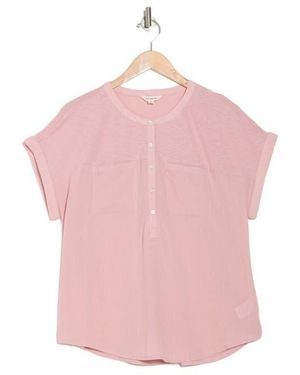 Lucky Brand Mixed Media Short Sleeve Cotton Henley Top - Pink