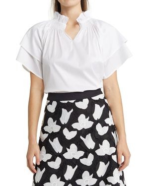 Ming Wang Ruffle Neck Cotton Blend Blouse - White