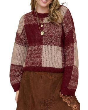 Blu Pepper Colorblock Check Sweater - Red