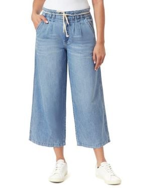 Kensie Pleat Front Crop Wide Leg Drawstring Jeans - Blue