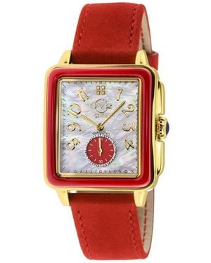 Gv2 Bari Enamel With Diamond Dial Leather Strap Watch, 37Mm - Red