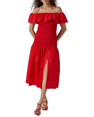Astr Off The Shoulder Cotton Midi Dress - Red