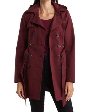 Sebby Water-Resistant Hooded Double-Breasted Trench Coat - Red