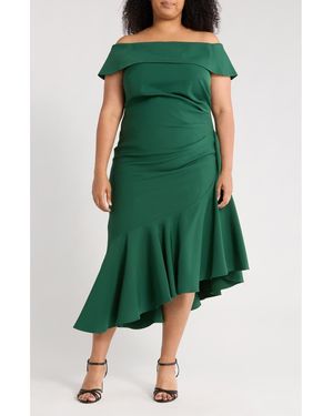 Eliza J Off The Shoulder Asymmetric Ruffle Hem Cocktail Dress - Green