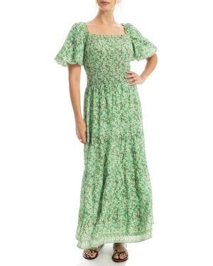 Max Studio Print Smocked Puff Sleeve Maxi Dress - Green