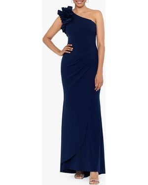 Xscape Evenings Ruffle One-Shoulder Scuba Crepe Gown - Blue