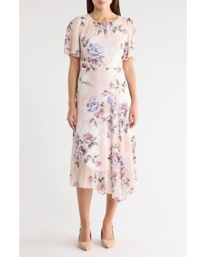 Connected Apparel Yoryu Flutter Sleeve Asymmetric Midi Dress - Pink