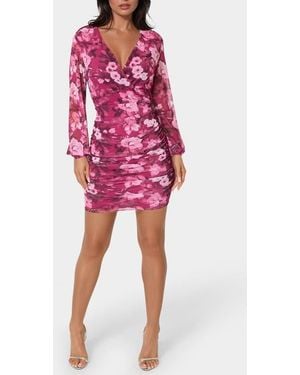 Bebe Long Sleeve Ruched Faux Wrap Minidress - Red