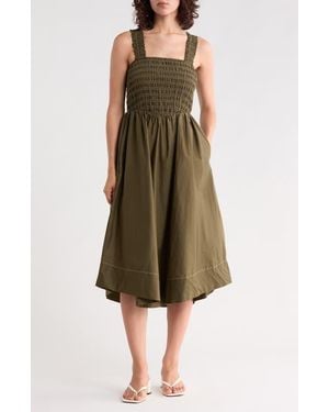 Ellen Tracy Smocked Cotton Poplin Fit & Flare Dress - Green