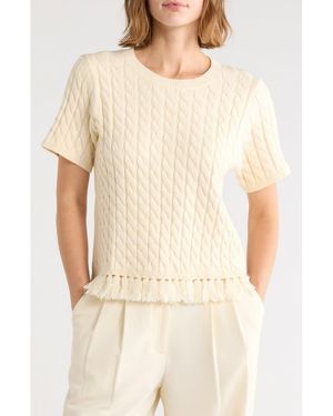 Adrianna Papell Cable Short Sleeve Fringe Hem Sweater - Natural