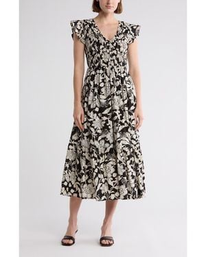 AUGUST SKY Floral Cap Sleeve Dress - Black