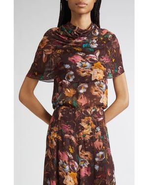 Lela Rose Floral Chiffon Cowl Neck - Brown