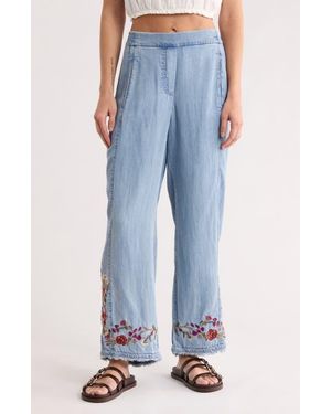 Tahari Floral Embroidered Chambray Pull-On Pants - Blue