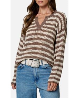 Blu Pepper Stripe Notch Neck Long Sleeve Sweater - Brown