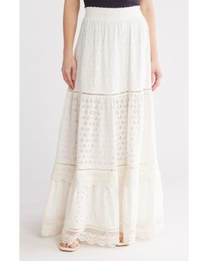Alice + Olivia Reise Tiered Eyelet Maxi Skirt - White