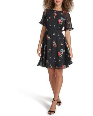 Kensie Embroidered Chiffon Dress - Black