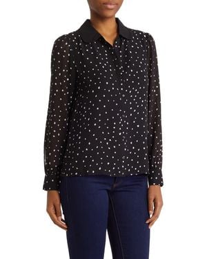 DR2 by Daniel Rainn Peter Pan Collar Polka Dot Button Front Long Sleeve Blouse - Black