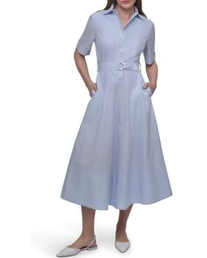 DKNY Short Sleeve Drop Waist Cotton Shirtdress - Blue