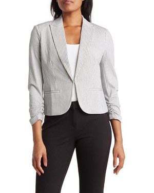 Amanda + Chelsea Three-Quarter Scrunch Sleeve Railroad Stripe Blazer - White