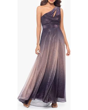 Betsy & Adam One-Shoulder Metallic Crinkle Ombré Gown - Purple