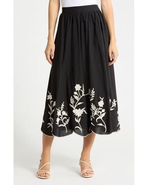 Joie Floral Embroidered Scalloped Hem Pull-On Skirt - Black