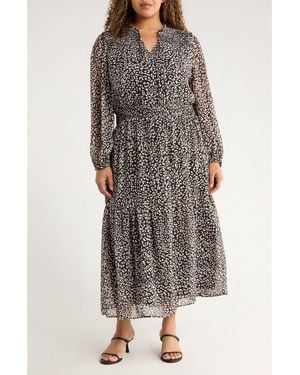 Gibsonlook The Leyla Print Smocked Long Sleeve Maxi Dress - Gray