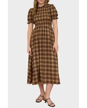 AUGUST SKY Smocked Puff Sleeve Midi Dress - Brown