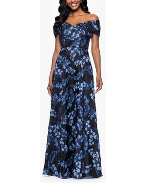 Betsy & Adam Embroidered Floral Off The Shoulder Gown - Blue
