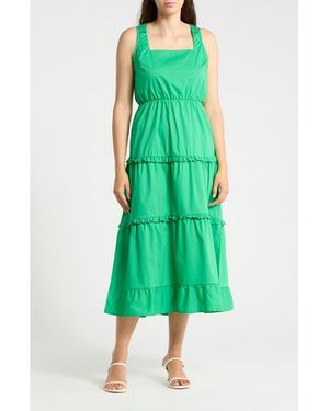 Badgley Mischka Ruffle Trim Tiered Cotton Maxi Dress - Green