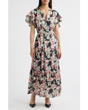 Julia Jordan Floral Tiered Split Neck Ruffle Sleeve Satin Dress - Multicolor
