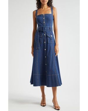 Cinq À Sept Vega Belted Sleeveless Denim Fit & Flare Midi Dress - Blue