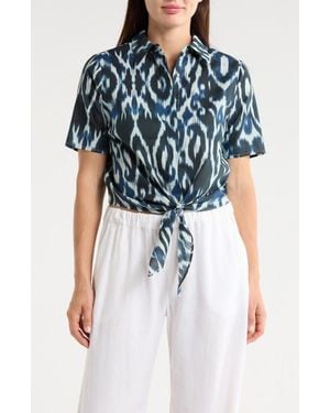 Tahari Short Sleeve Tie Front Cotton & Linen Crop Shirt - Blue
