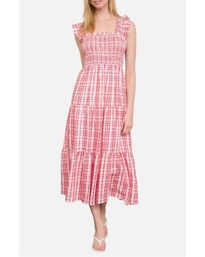 Blu Pepper Plaid Ruffle Smocked Fit & Flare Midi Dress - Pink