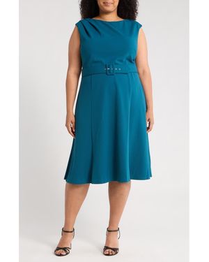 London Times Bateau Neck Sleeveless Belted Fit & Flare Dress - Blue