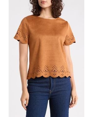Forgotten Grace Laser Cut Faux Suede Top - Brown