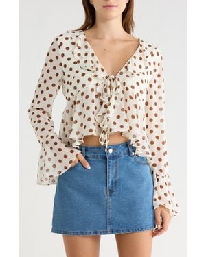 Vigoss Polka Dot Ruffle Long Sleeve Top - Blue