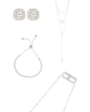 Adornia Pendant Lariat Necklaces, Tennis Bracelet & Halo Stud Earrings Set - White
