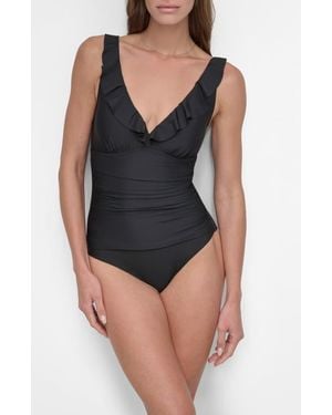 DKNY Ruffle Plunge Neck One-Piece Swimsuit - Black
