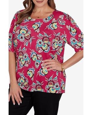 Ruby Rd. Floral Puff Sleeve Jersey Top - Red