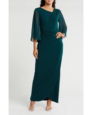 Connected Apparel Chiffon Cape Sleeve Side Ruched Gown - Green